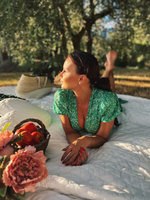 Summer green maxi dress with a split and V neckline