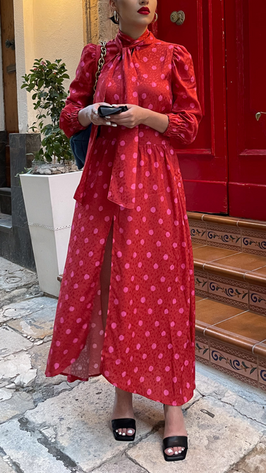 Viscose maxi dress with tie at the neck