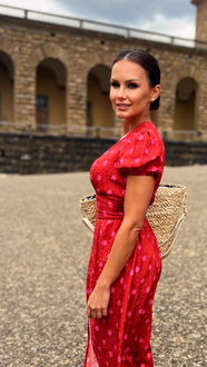 Summer dress in viscose fabric and V neckline with draped buttons