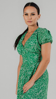 Summer green maxi dress with covered button break and V neckline