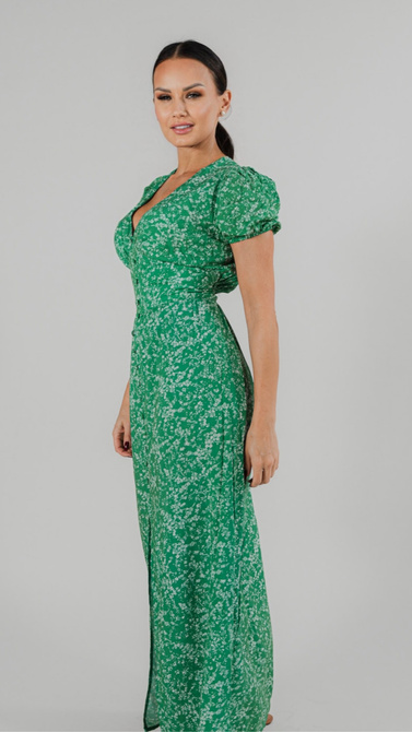 Summer green maxi dress with covered button break and V neckline