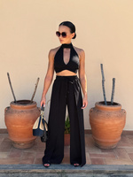 Summer pants Maja - linen and viscose pants with wide leg and slits, black