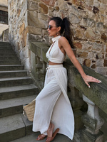 Summer pants Maja - linen and viscose pants with wide leg and slits, light beige