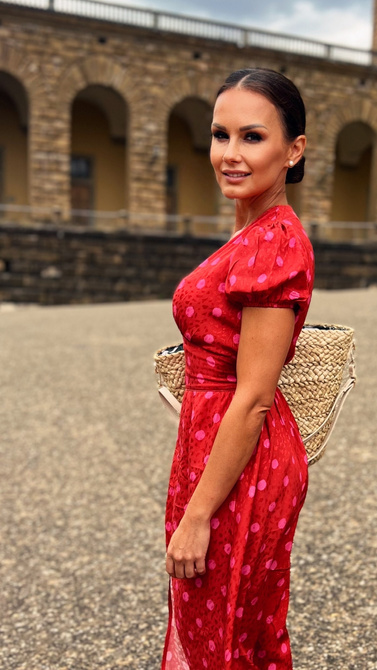 Summer red maxi dress with a split and V neckline