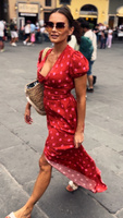 Summer red maxi dress with a split and V neckline
