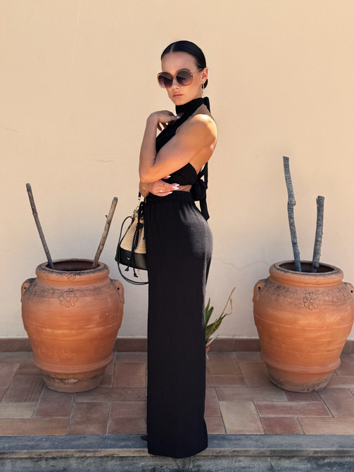 Summer pants Maja - linen and viscose pants with wide leg and slits, black