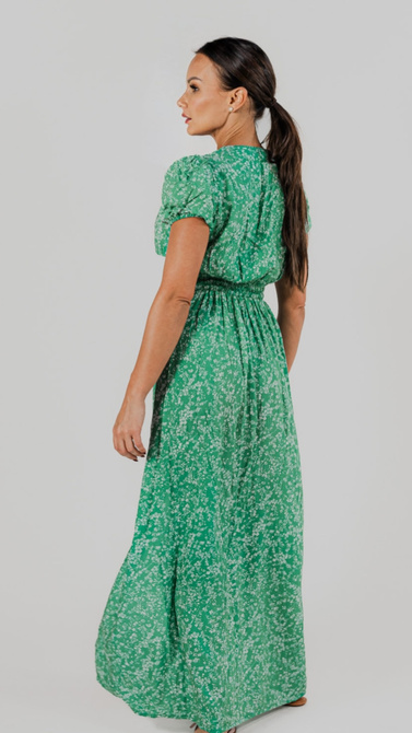 Summer green maxi dress with covered button break and V neckline