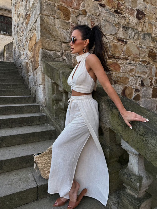 Summer pants Maja - linen and viscose pants with wide leg and slits, light beige