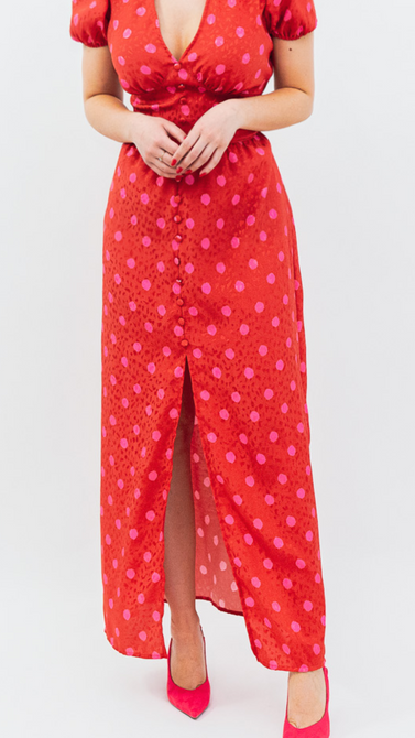 Summer dress in viscose fabric and V neckline with draped buttons