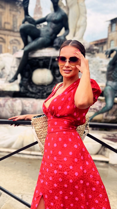 Summer red maxi dress with a split and V neckline