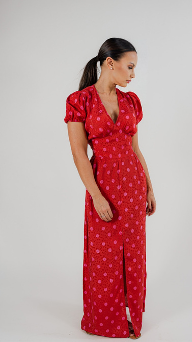 Summer red maxi dress with a split and V neckline