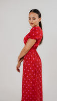 Summer red maxi dress with a split and V neckline