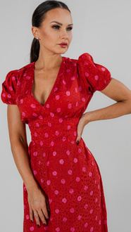 Summer red maxi dress with a split and V neckline