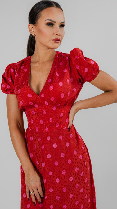 Summer red maxi dress with a split and V neckline