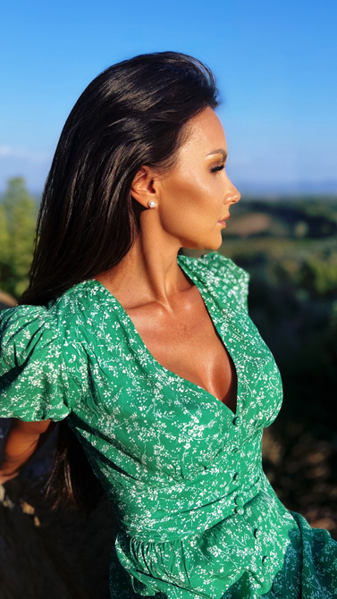 Summer green maxi dress with covered button break and V neckline