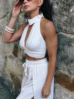 Maja top - halter top tied at neck and back in linen and viscose color light beige