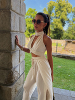 Summer pants Maja - linen and viscose pants with wide leg and slits, light beige