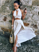 Summer pants Maja - linen and viscose pants with wide leg and slits, light beige