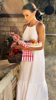 Maxi dress with ruffled neckline tied with string and ruffles