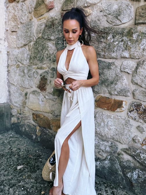 Summer pants Maja - linen and viscose pants with wide leg and slits, light beige