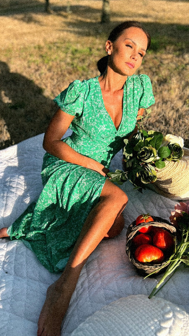 Summer green maxi dress with covered button break and V neckline