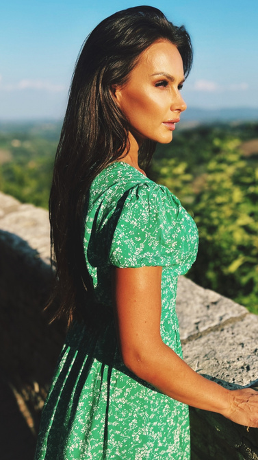 Summer green maxi dress with covered button break and V neckline