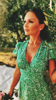 Summer green maxi dress with covered button break and V neckline