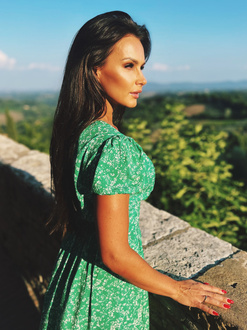 Summer green maxi dress with a split and V neckline