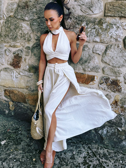 Summer pants Maja - linen and viscose pants with wide leg and slits, light beige