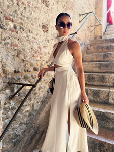 Maja skirt - maxi skirt with slit in linen and viscose light beige