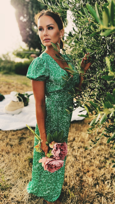Summer green maxi dress with covered button break and V neckline
