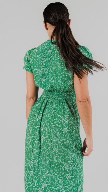 Summer green maxi dress with covered button break and V neckline