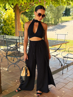 Summer pants Maja - linen and viscose pants with wide leg and slits, black