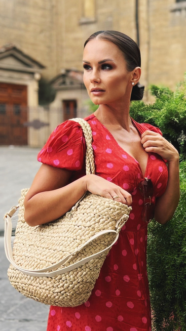 Summer red maxi dress with a split and V neckline